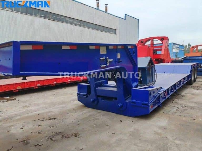 Blue low bed semi-trailer, can be displayed with its headboard and gooseneck tube, sturdy construction
