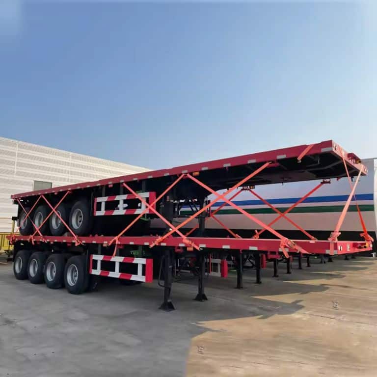 Extendable flatbed semi-trailer container designed for oversized cargo transport, showcasing extended length for increased capacity.