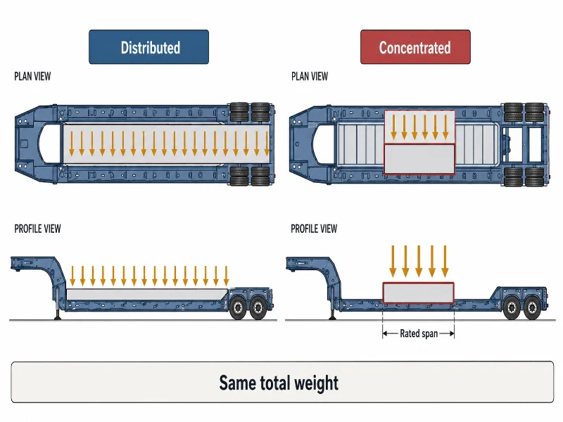 Diagram showing the same load spread across the well and packed into a shorter rated span