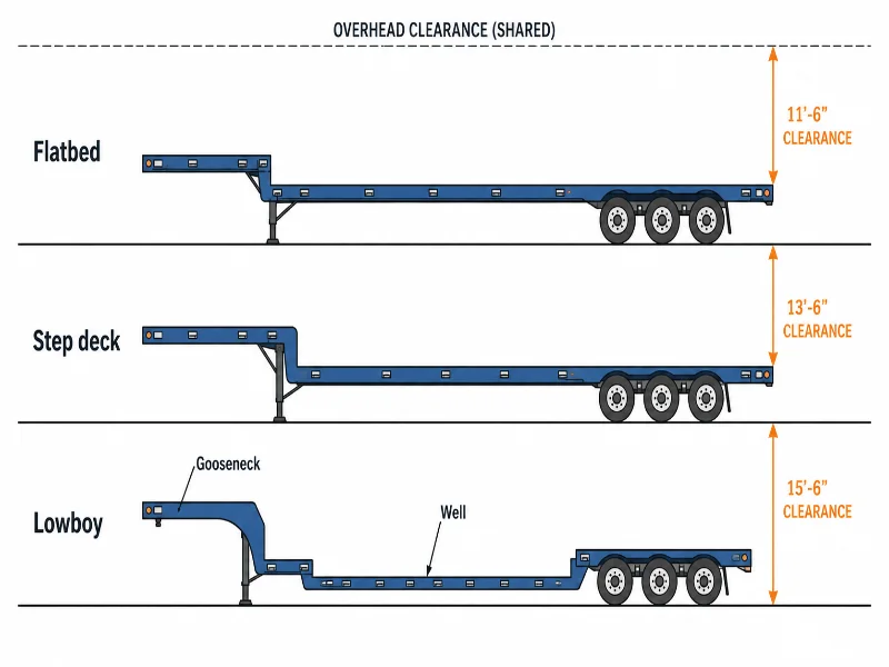 Side profile comparing where the deck sits on a flatbed, a step deck and a lowboy trailer