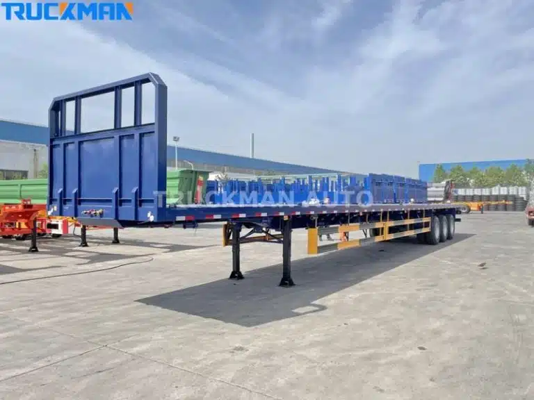 Blue container semi-trailer with high side walls for safe transport of industrial goods