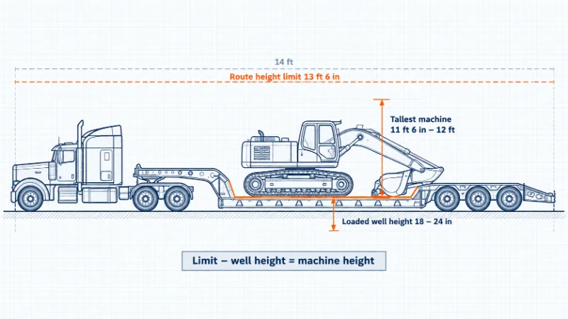 Schéma de la hauteur de charge lowboy : la limite de route moins la hauteur du puits chargé détermine la machine la plus haute qui s’adapte