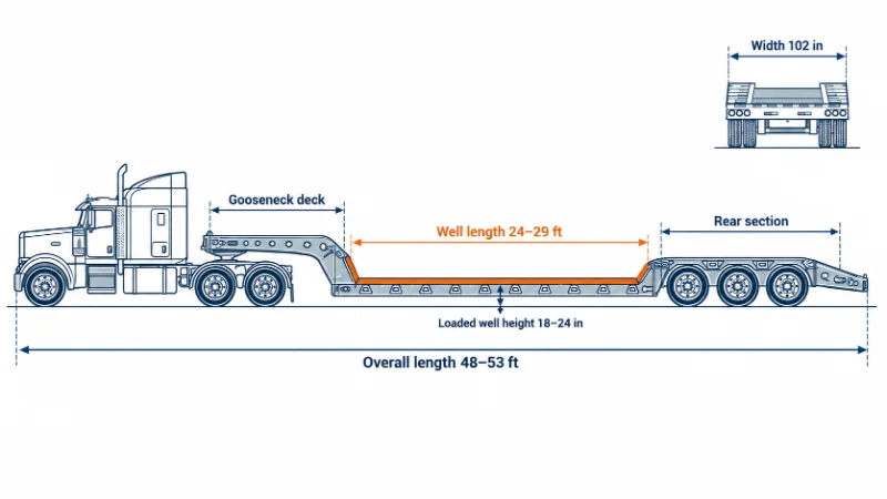 Schéma latéral d’une remorque lowboy montrant que seul le puits entre les deux plateaux est bas
