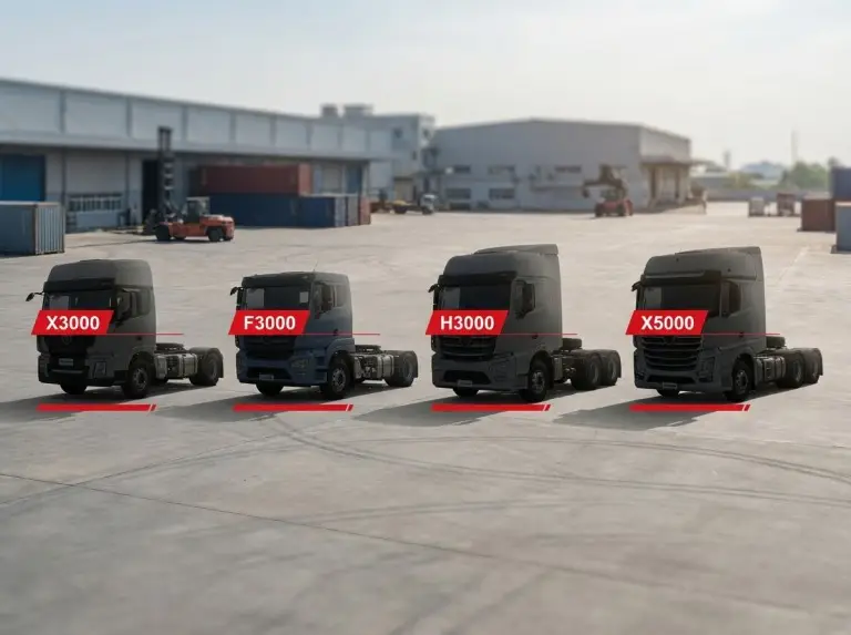 Shacman tractor truck series lineup showing X3000, F3000, H3000, and X5000 models