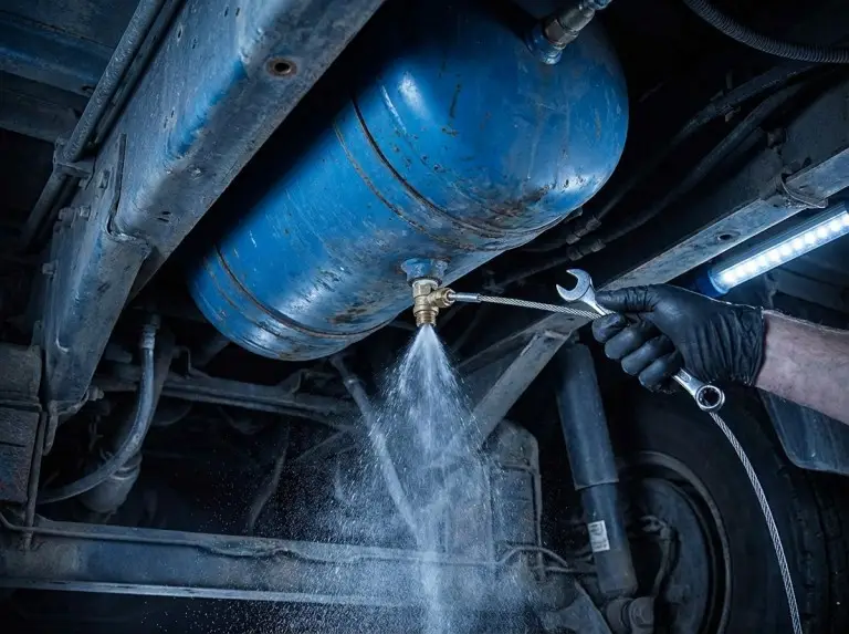 Mechanic draining water from truck air brake reservoir tank