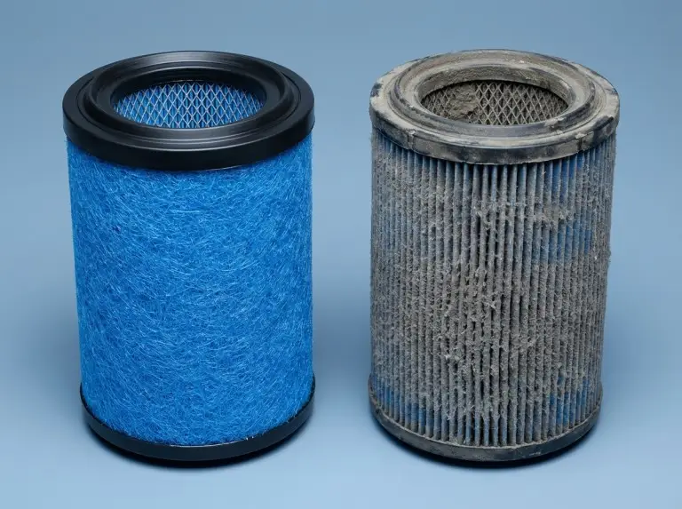 Side-by-side comparison of new vs dirty heavy truck air filters
