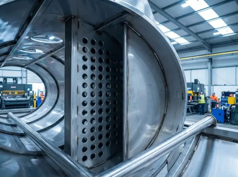 Cross-section of a fuel tanker trailer interior showing perforated baffle plates installed along the tank length to control liquid surge