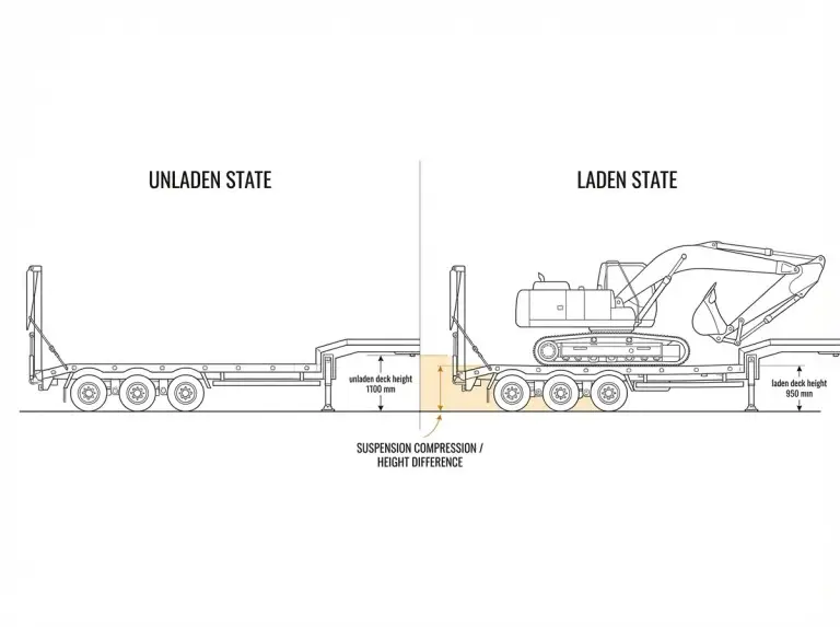 Schéma comparant la hauteur du tablier de la remorque à plateau bas à vide et sous pleine charge de l’excavatrice