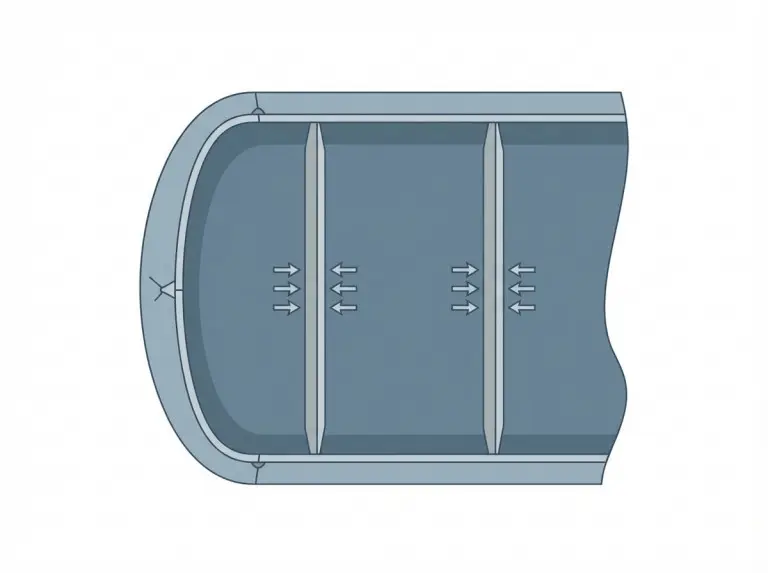 Cross-section diagram of DOT-406 aluminum tanker showing weld inspection point and surge baffles