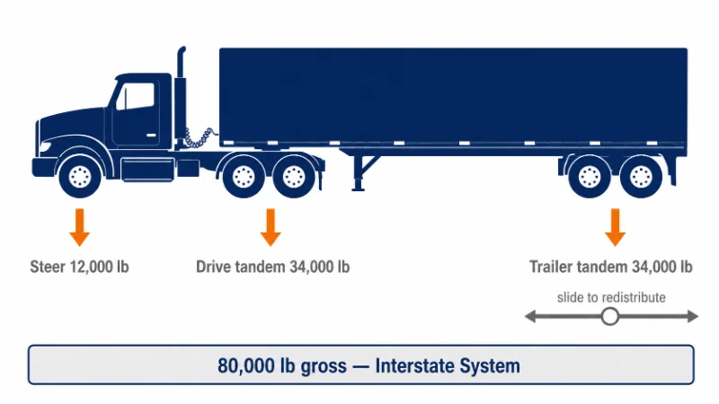 Camion à cinq essieux de 18 roues montrant les limites de répartition du poids en tandem, en tandem et en tandem remorque