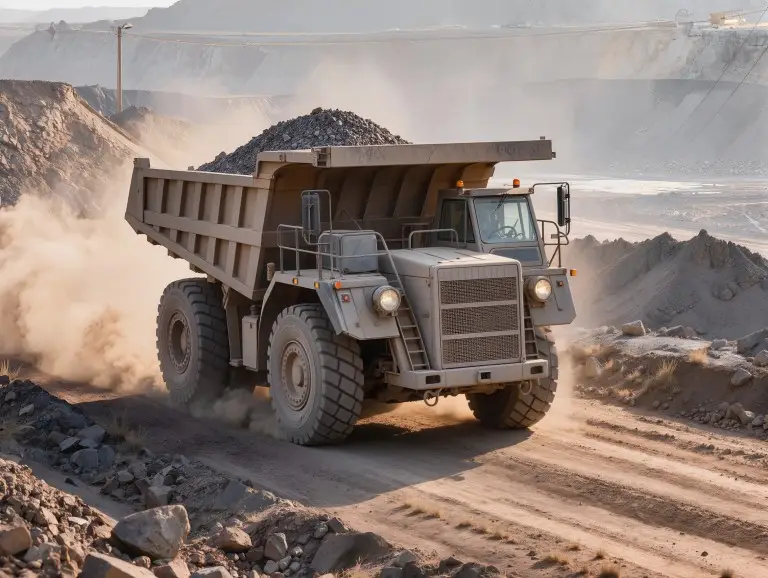 8x4 dump truck carrying bulk ore on unpaved mine haul road soft terrain