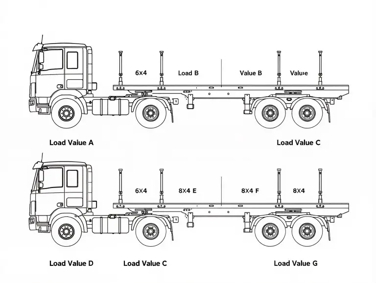 Diagrama de distribución de carga por eje comparando las configuraciones de camiones volquete 6x4 y 8x4