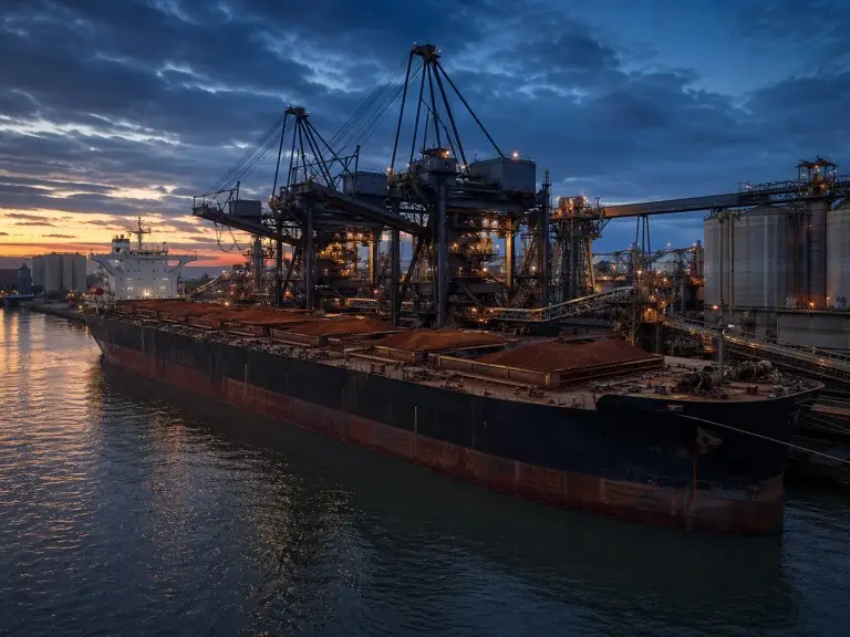 Un grand vraquier accosté à un terminal portuaire industriel en eaux profondes, des grues chargeant du minerai de fer dans des cales à marchandises ouvertes au crépuscule