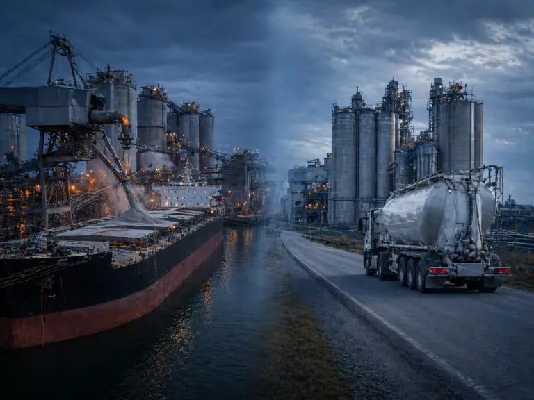 Scène partagée montrant un vraquier déchargeant à un terminal portuaire à gauche et un semi-remorque pétrolier pneumatique se dirigeant vers des silos industriels à droite