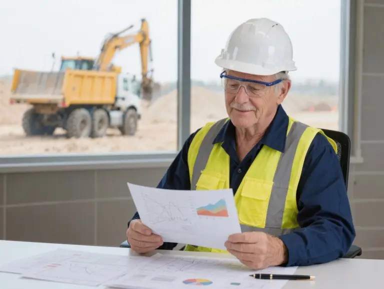 Ingénieur en train de revoir les documents d’étude de la pente du site à un bureau, avec la flotte de camions-bennes visible à travers la fenêtre en arrière-plan