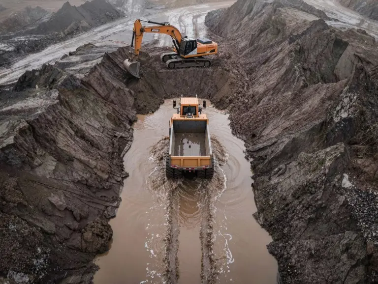 Articulated dump truck hauling material on steep unprepared muddy haul road at active earthmoving site, contrasting with compacted road conditions in background