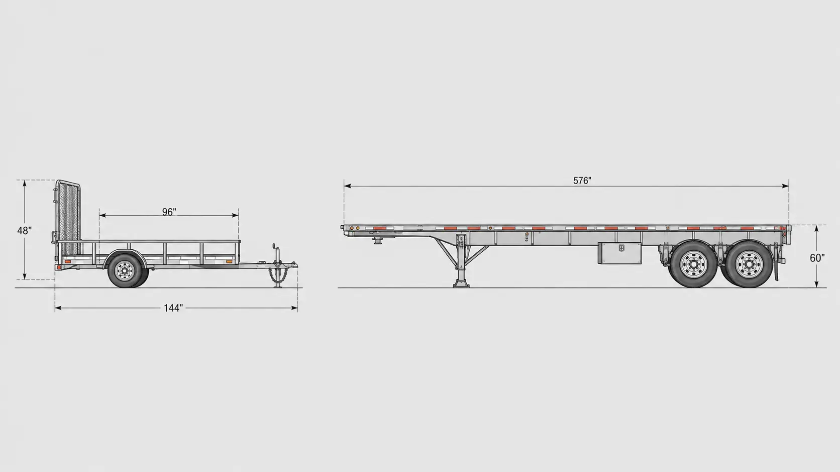 Technical side-view diagram comparing utility trailer deck dimensions and flatbed semi-trailer 48-ft commercial deck height, axle spacing, and load profile