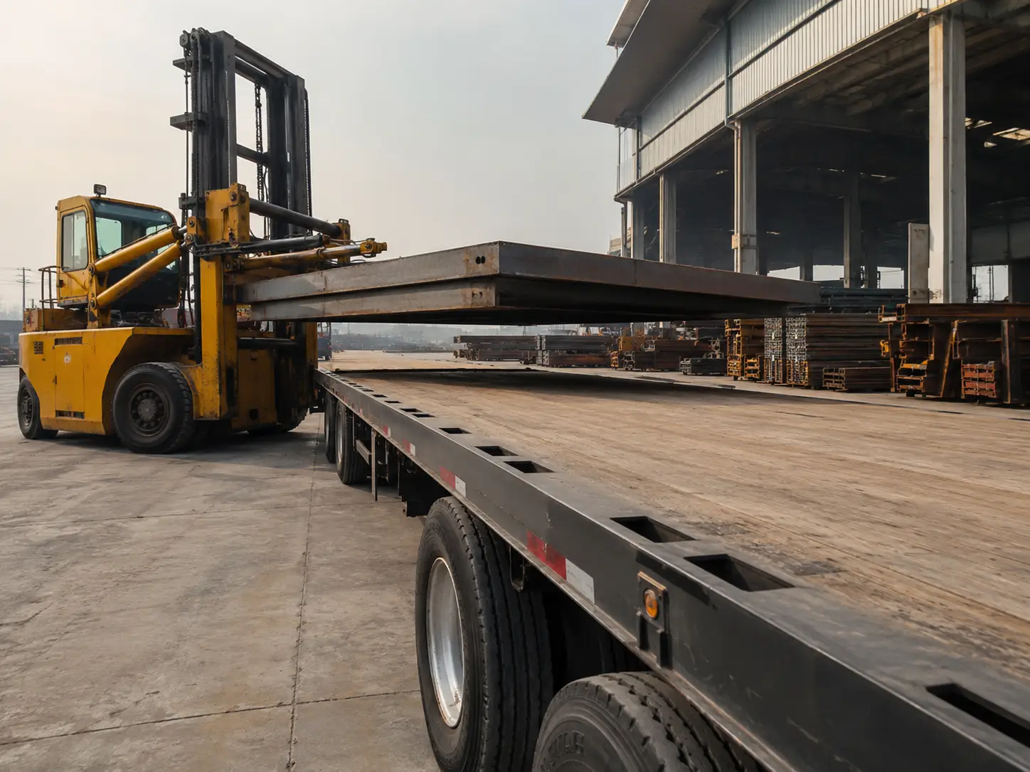Side-lift forklift positioning oversized steel cargo onto commercial flatbed semi-trailer open deck at freight terminal