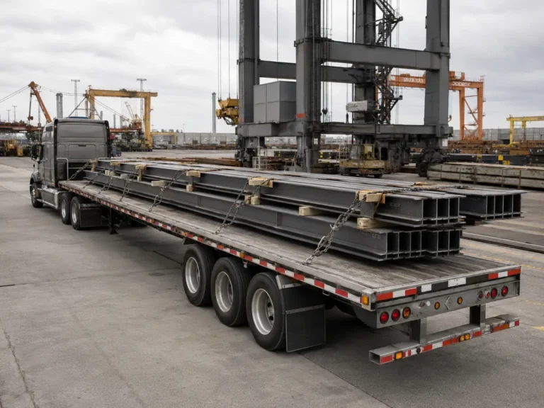 Commercial flatbed semi-trailer loaded with structural steel beams at industrial loading yard, open deck with chain tie-downs