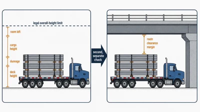 Two-step height check: legal limit minus deck height, then clearance on the actual route