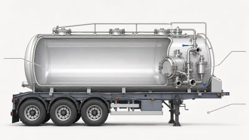 Cutaway of a food grade trailer showing food-contact surface, manway, and clean-in-place valve fittings