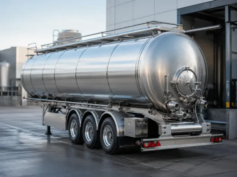 Stainless steel food grade tank trailer parked at a food plant loading bay