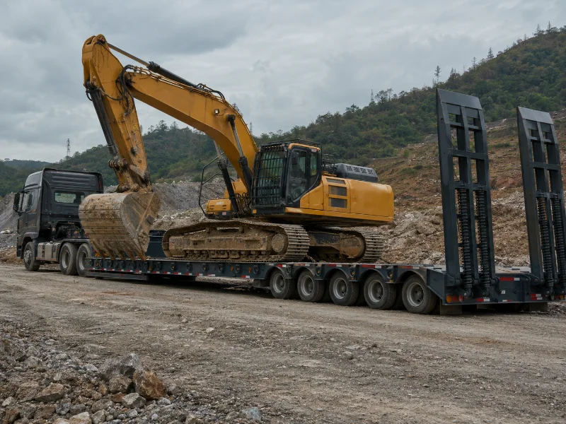 Lowboy semi trailer hauling an excavator, showing low deck clearance for oversized construction equipment