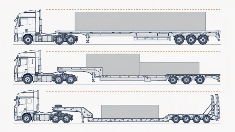 Side-profile comparison of flatbed, step deck, and lowboy semi trailer deck heights for tall cargo clearance