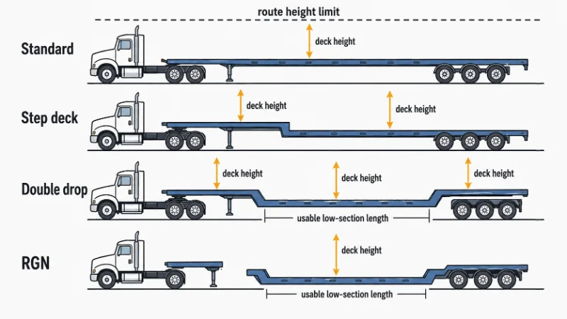 Deck height comparison across standard, step deck, double drop and RGN flatbed trailers