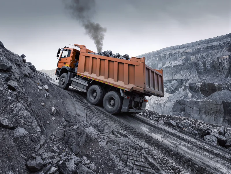 HOWO tipper truck climbing a graded haul road with a full load of rock