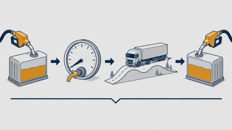 Diagram of a full-tank fuel test cycle showing fill, run, refill and calculation stages