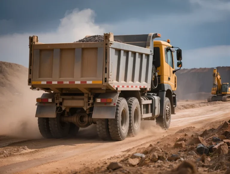 Loaded HOWO 6x4 dump truck hauling aggregate on an unpaved site road