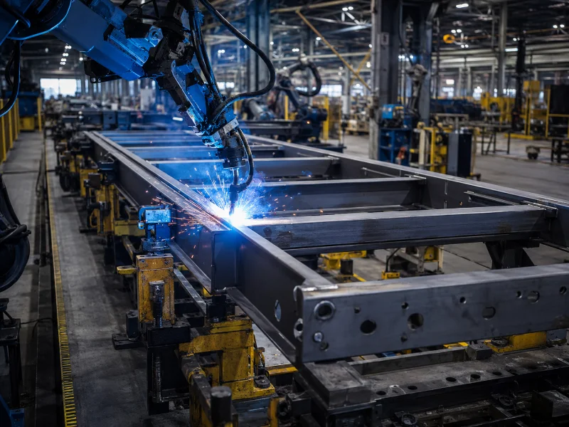 Soudage et assemblage d’un châssis semi-remorque sur une chaîne de production en usine