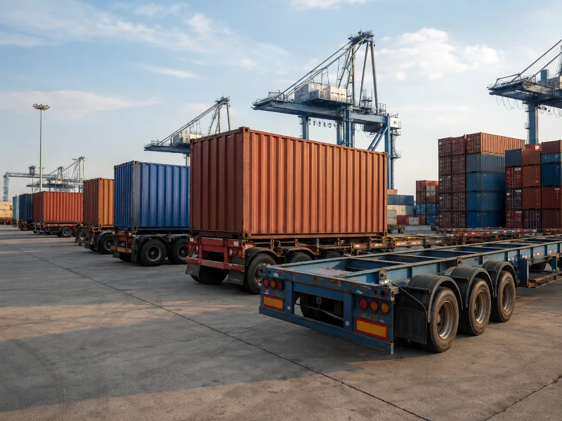 Des semi-remorques à plateau et à conteneurs étaient stationnées dans un port maritime, à côté de conteneurs empilés