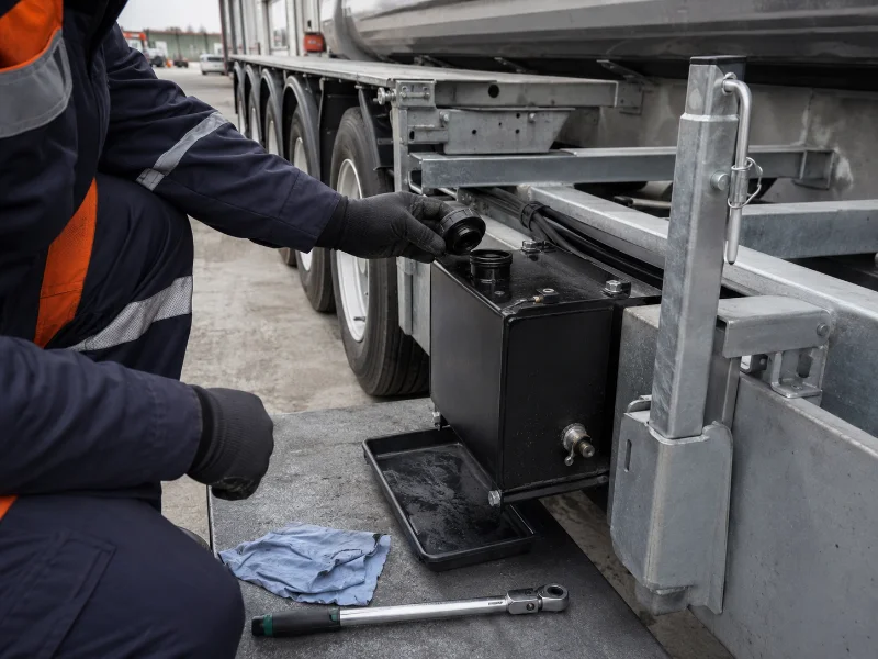 Técnico verificando um reservatório hidráulico com o corpo de basculo abaixado e uma hélice no lugar